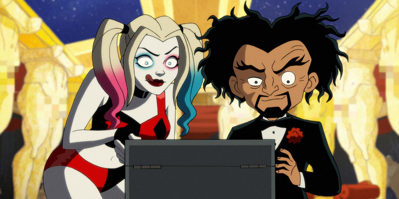 Doctor Psycho and Harley Quinn looking at a laptop in the Harley Quinn TV show.