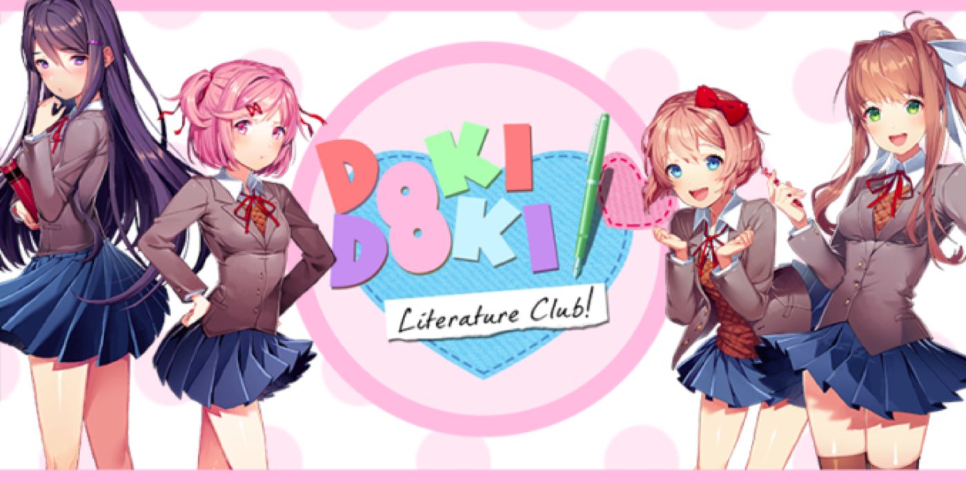 O logotipo e os personagens do Doki Doki Literature Club.