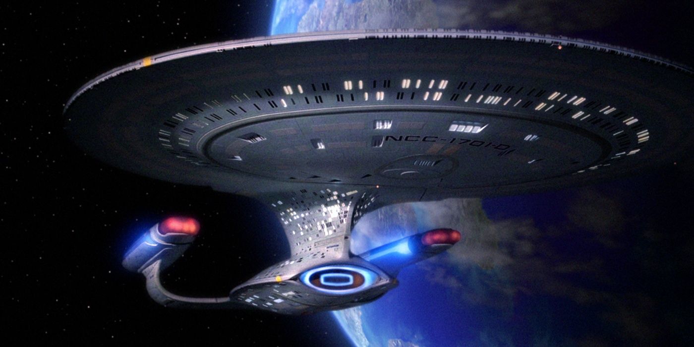 The Enterprise-D from Star Trek TNG orbiting a planet.