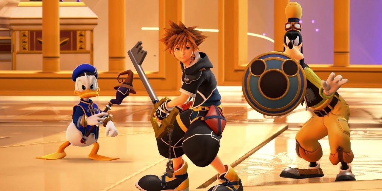 Sora, Donald, and Goofy looking ready for battle in Kingdom Hearts