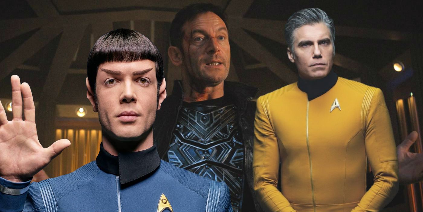 Ethan Peck as Spock, Jason Isaacs as Lorca and Anson Mount as Pike in Star Trek Discovery