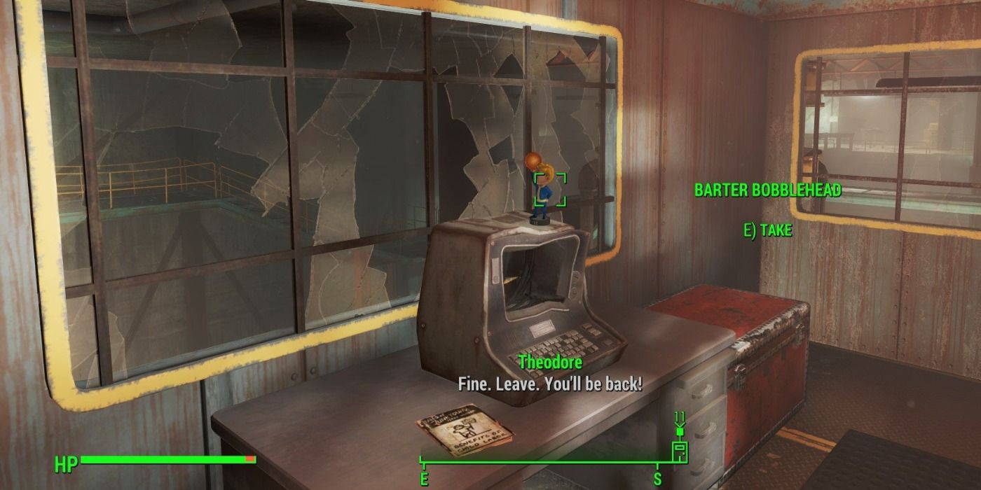 O Bartering Bobblehead em Fallout 4 em cima de um computador