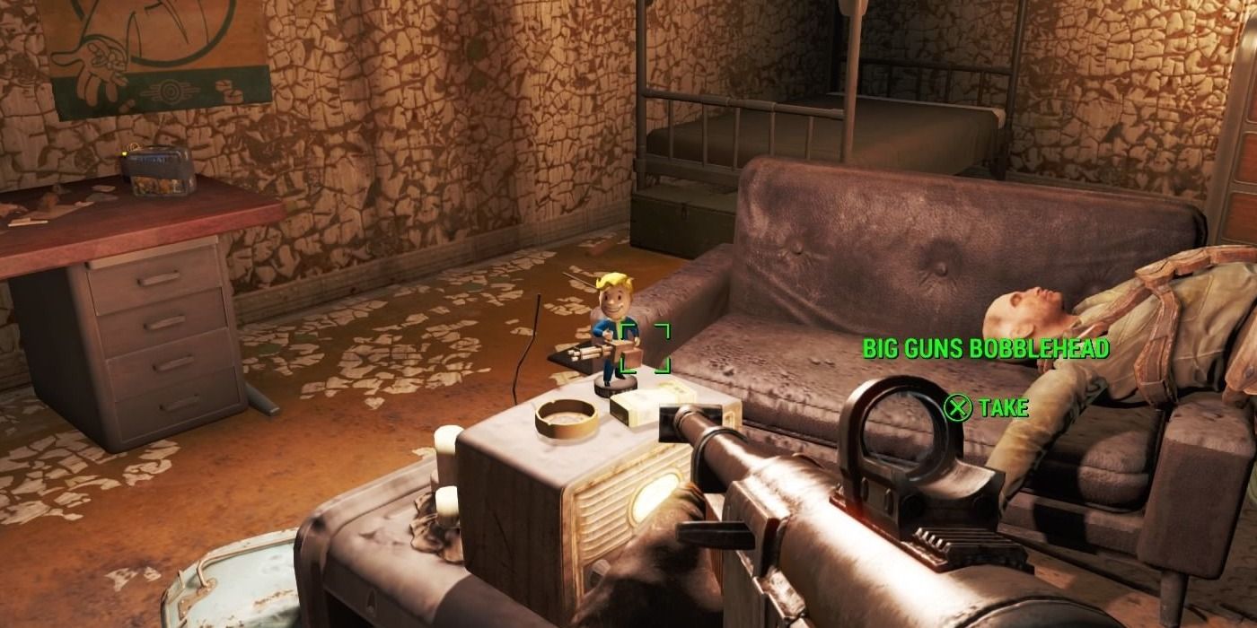 The location of the Big Guns Bobblehead in Fallout 4, on top of a radio