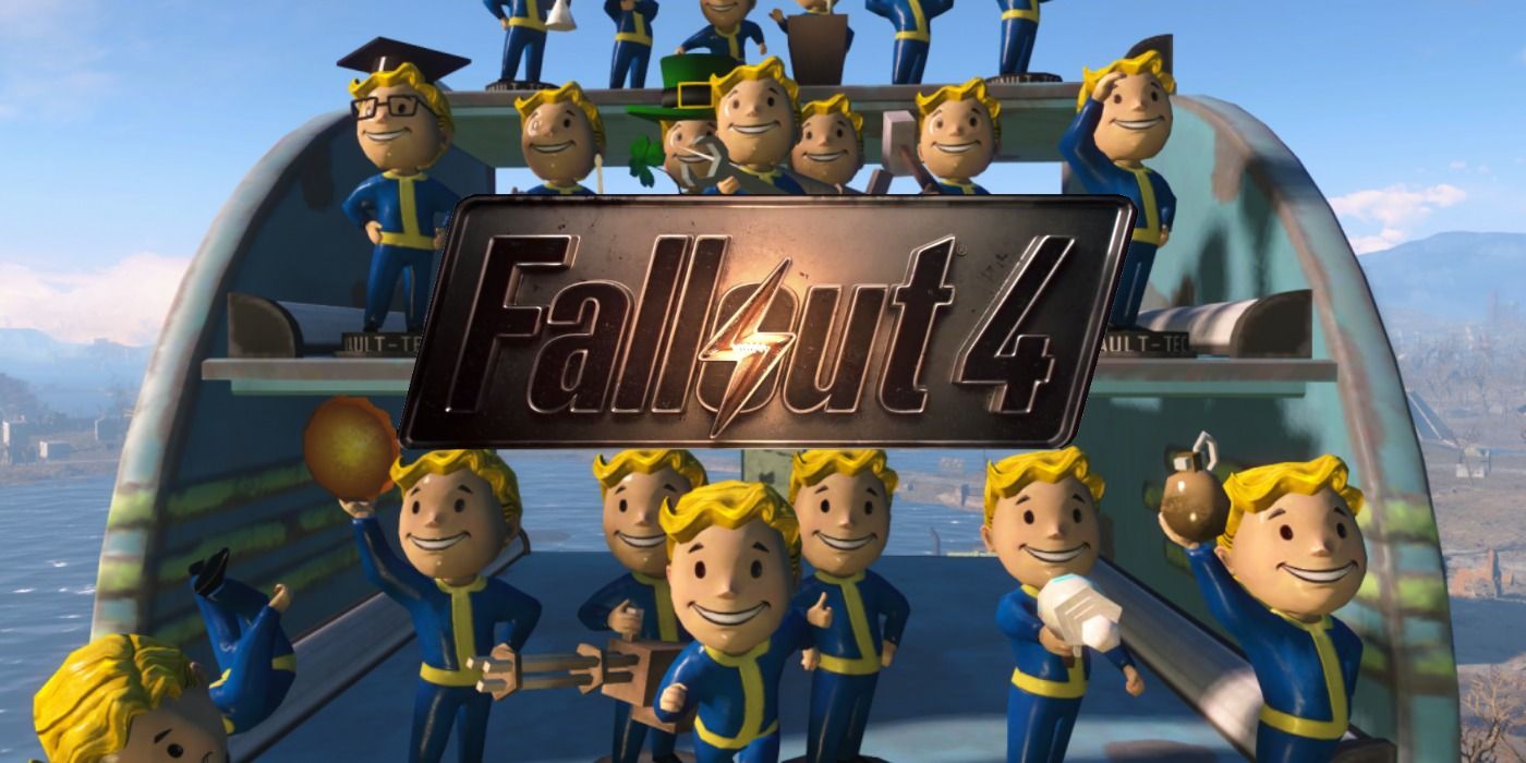 An image of all the bobbleheads in Fallout 4 surrounding the game's logo