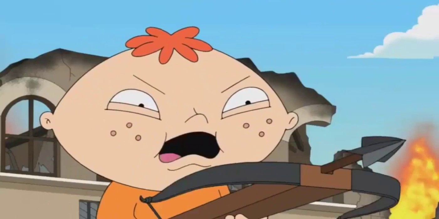 An angry Bertram points a crossbow in Family Guy