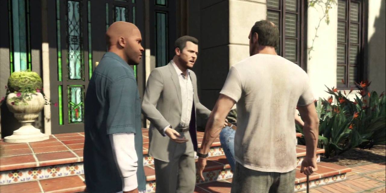 Michale Frank and Trevor talking outside GTA5