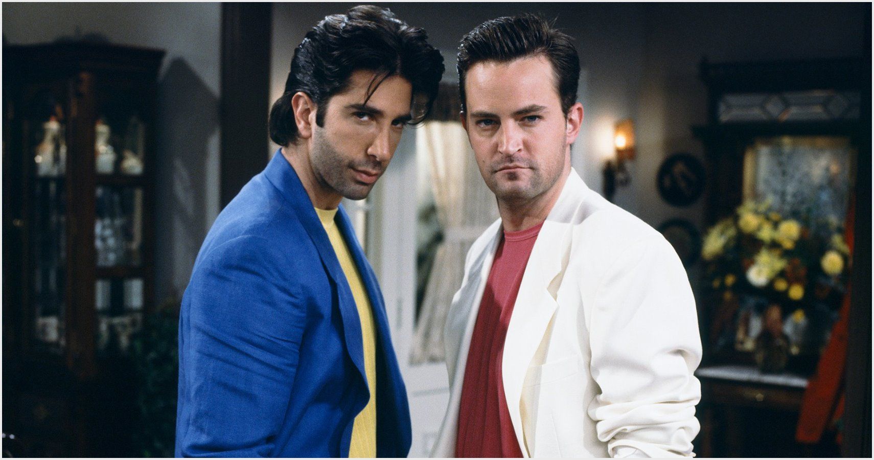 Ross and Chandler wear their Miami Vice costumes on Friends.