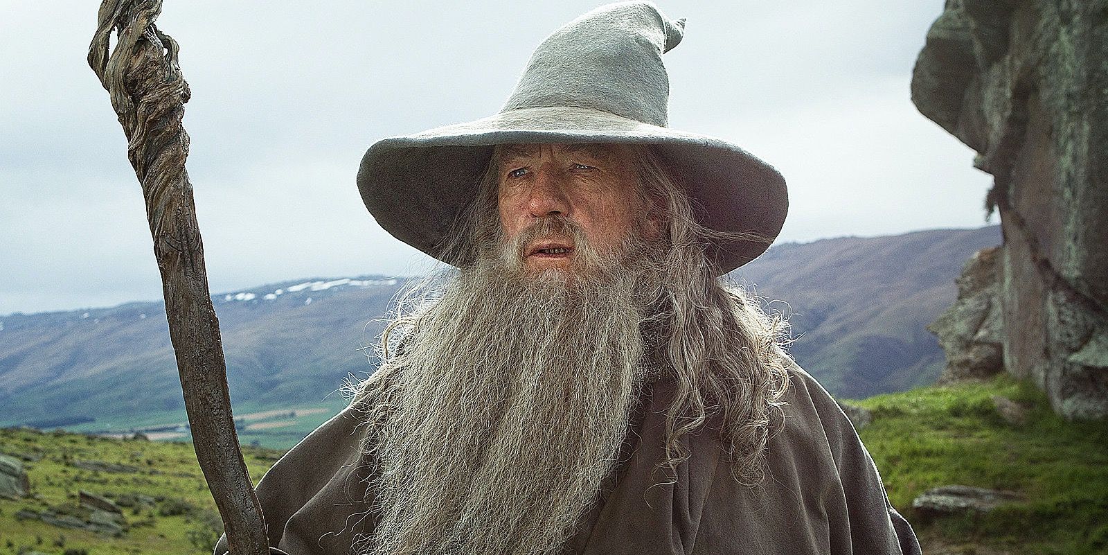 Gandalf with a staff in Lord of the Rings 