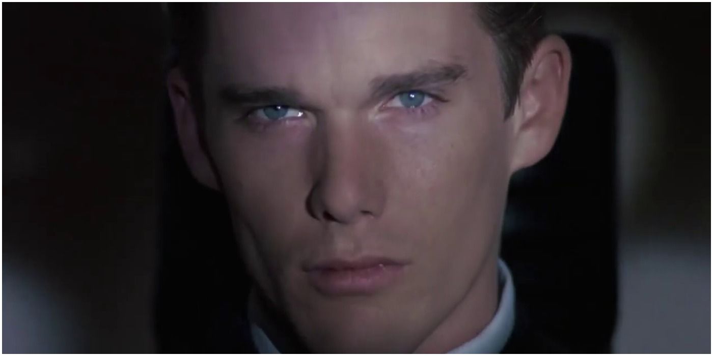 Ethan Hawke looking at something behind the camera in Gattaca