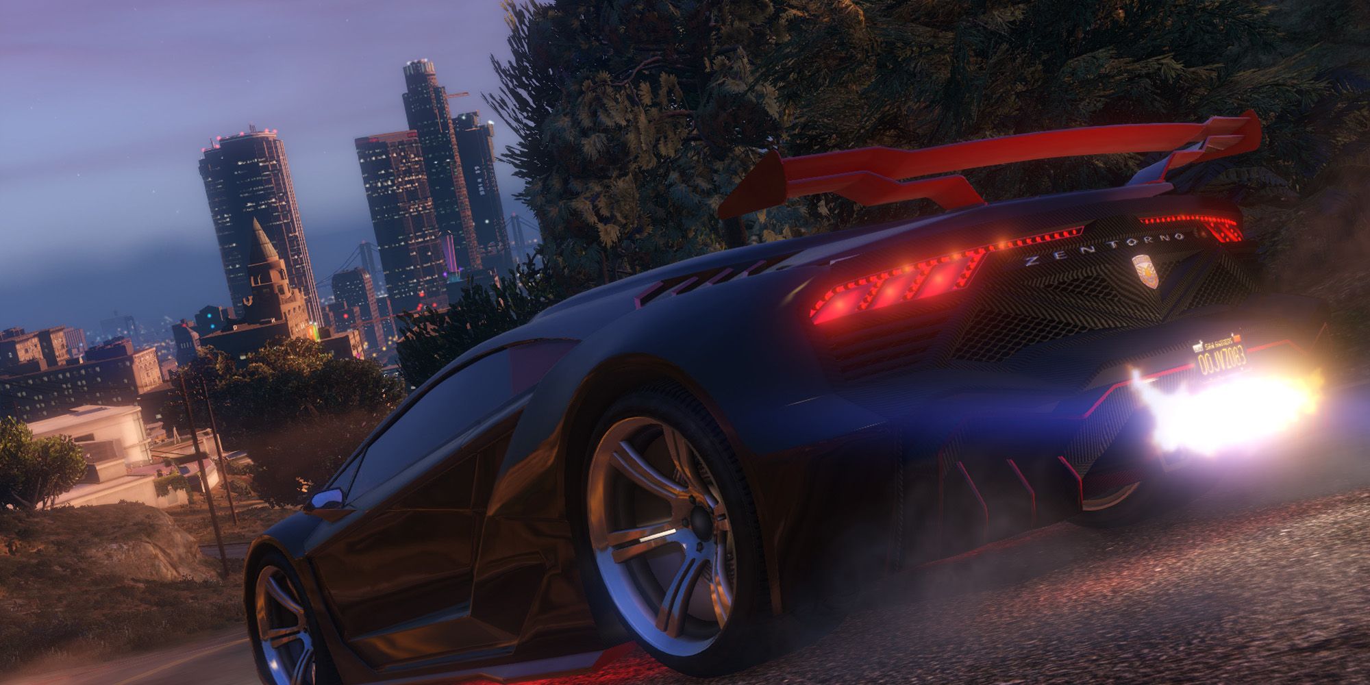 A sports cars speeds down a hill and in to Los Santos in Grand Theft Auto V