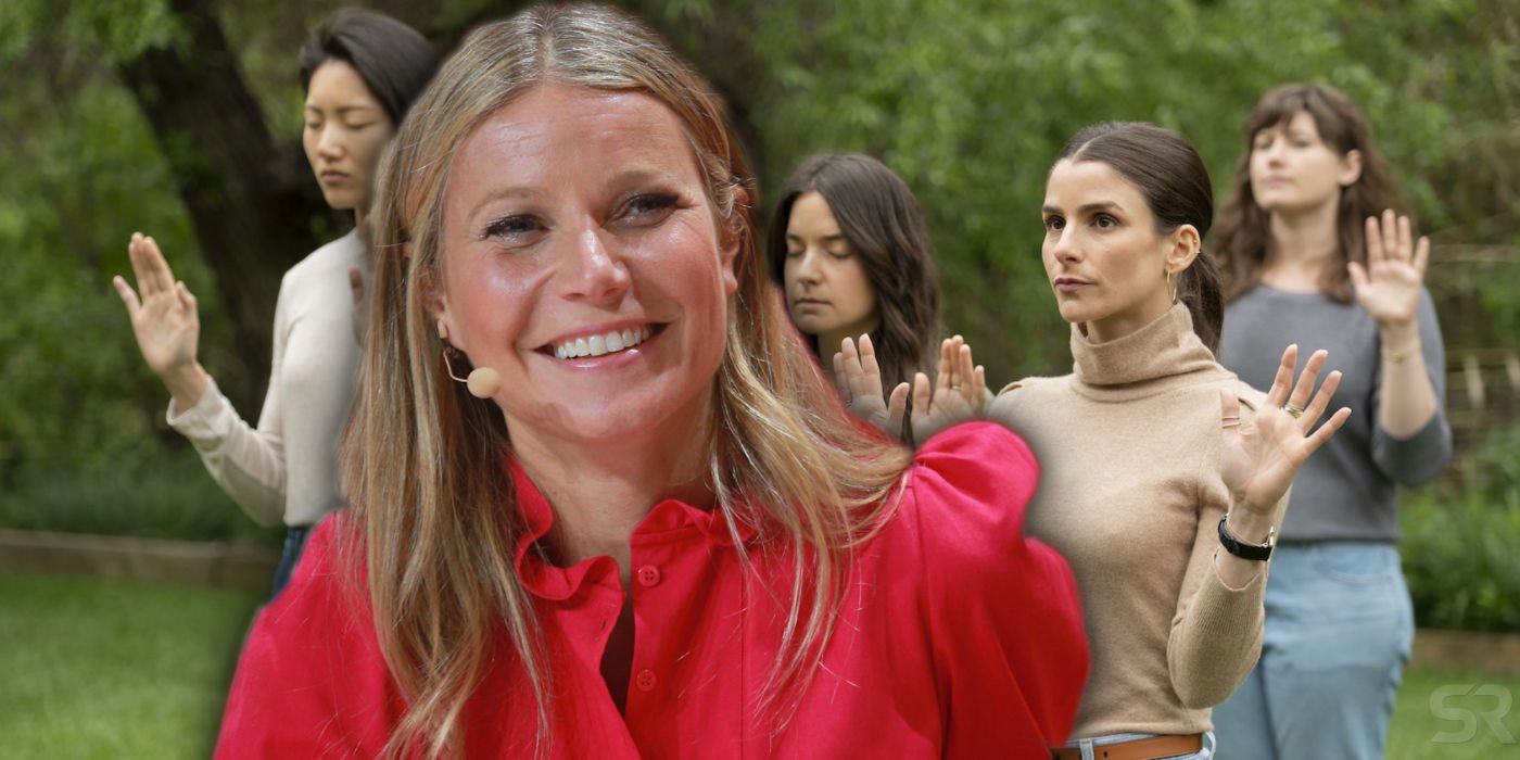 A blended image features Gwyneth Paltrow laughing in front of a group of women outside for The Goop Lab