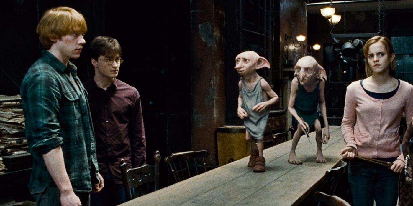Harry, Ron, Hermione and the house-elves in Harry Potter. 