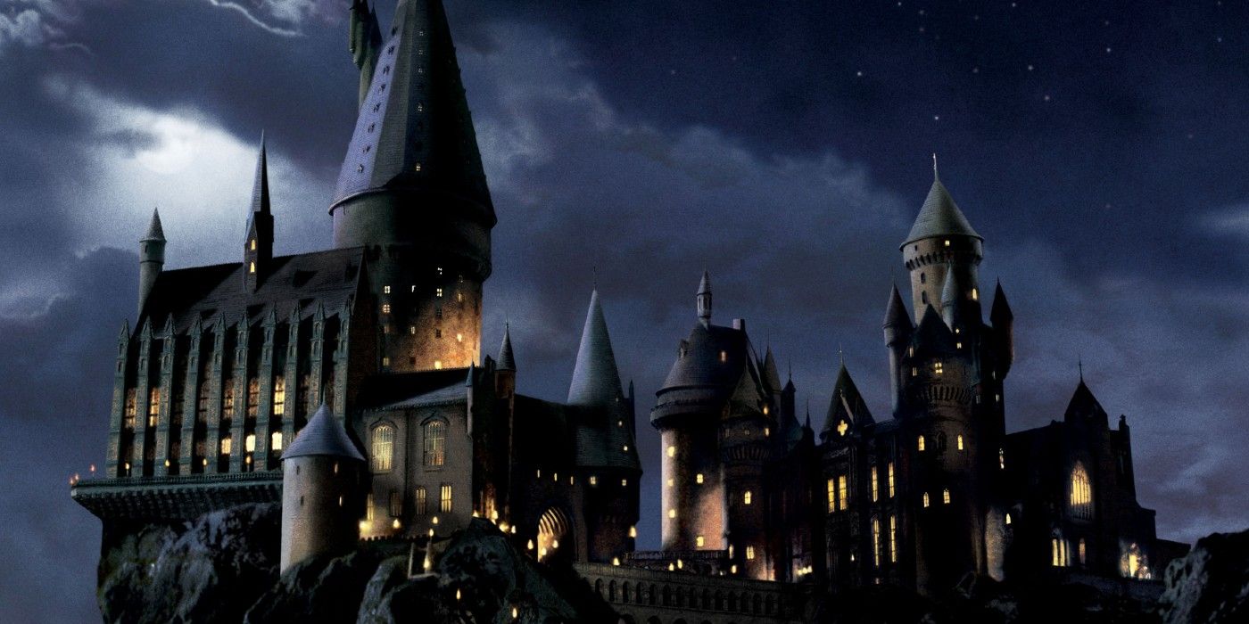 Hogwarts at night in Harry Potter and the Sorcerer's Stone