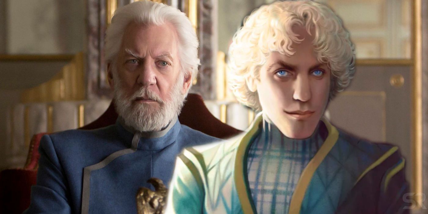 A blended image features Donald Sutherland as President Snow in The Hunger Games movies and the artwork of a young Snow in The Ballad of Songbirds and Snakes novel.