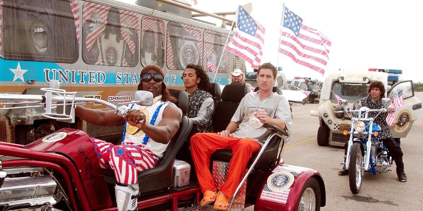 Joe rides a motorcycle with president Camacho in Idiocracy 