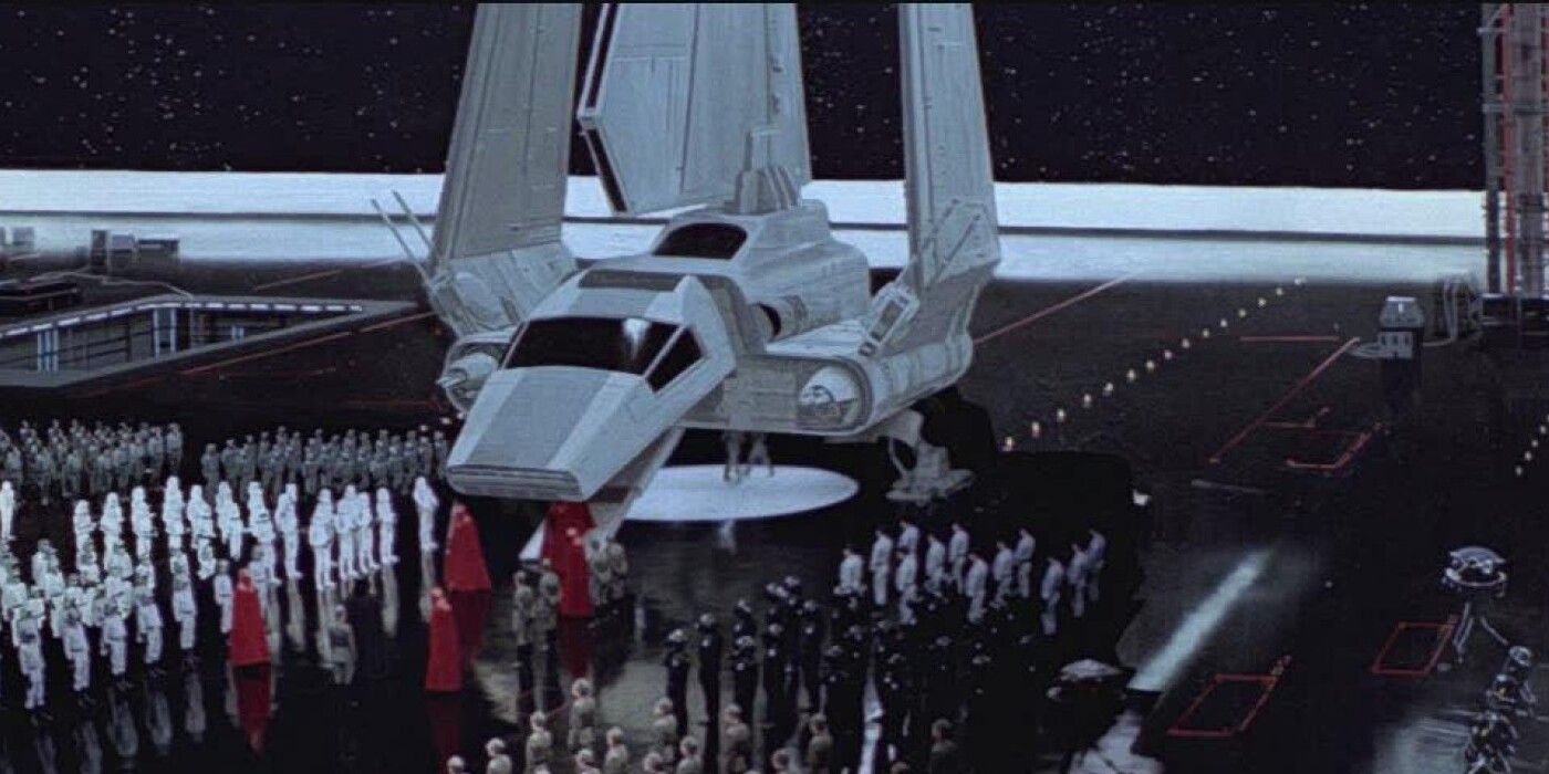 An Imperial shuttle docks in the Death Star II hangar in Return of the Jedi.