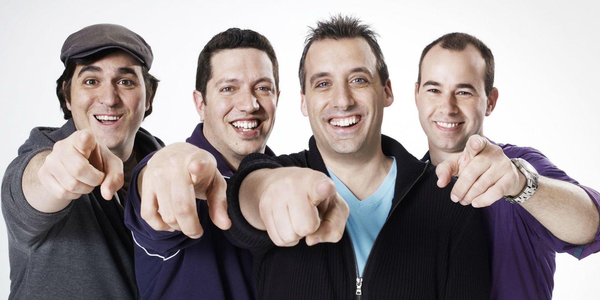 Impractical Jokers Q, Sal, Joe, and Murr all pointing