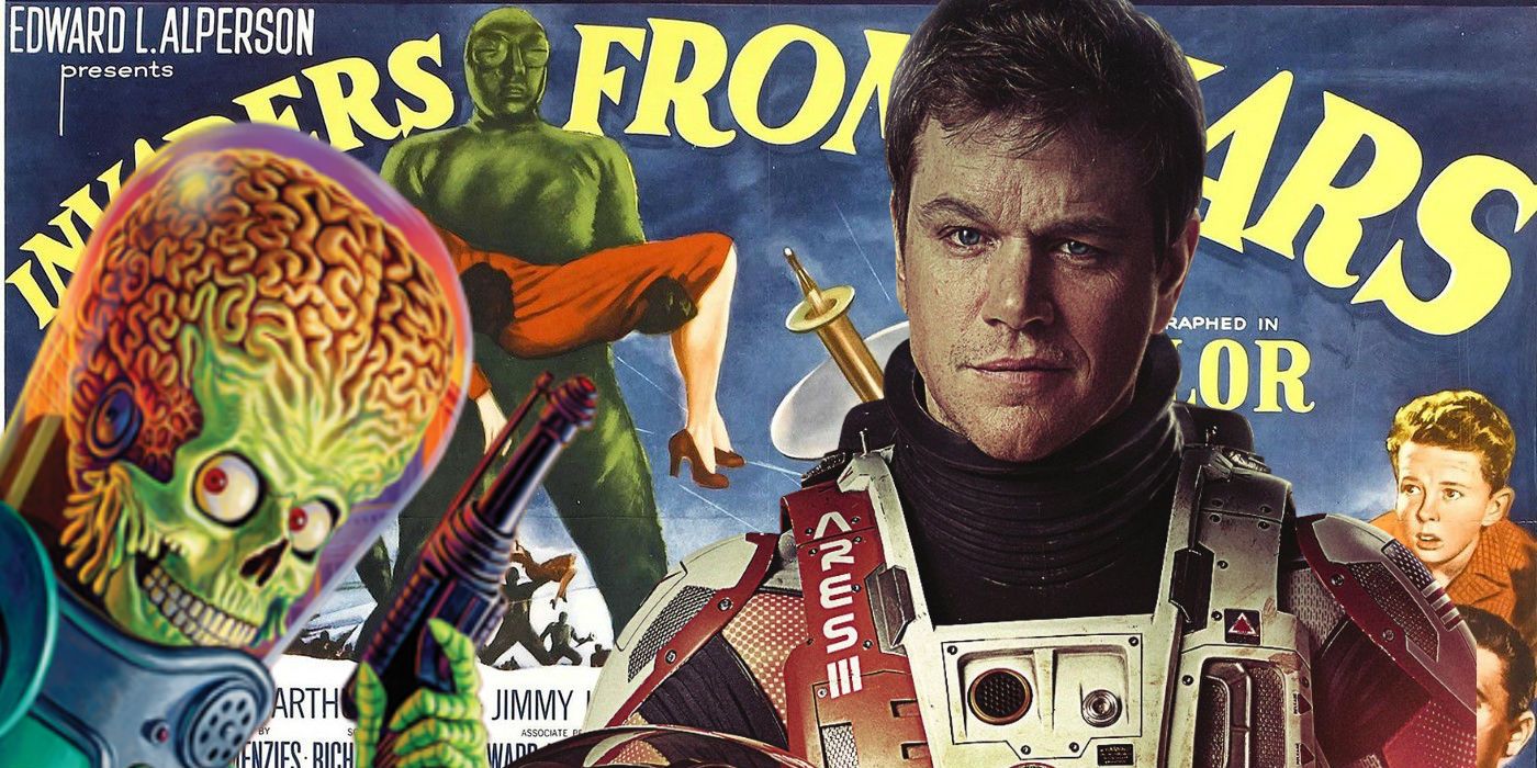 Invaders From Mars poster, Matt Damon in The Martian and Mars Attacks alien