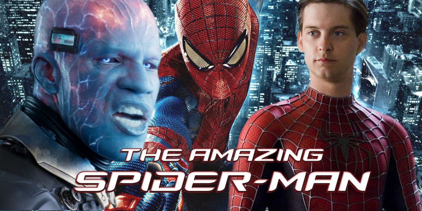 Jamie Foxx as Electro, Andrew Garfield and Tobey Maguire as Spider-Man in The Amazing Spider-Man