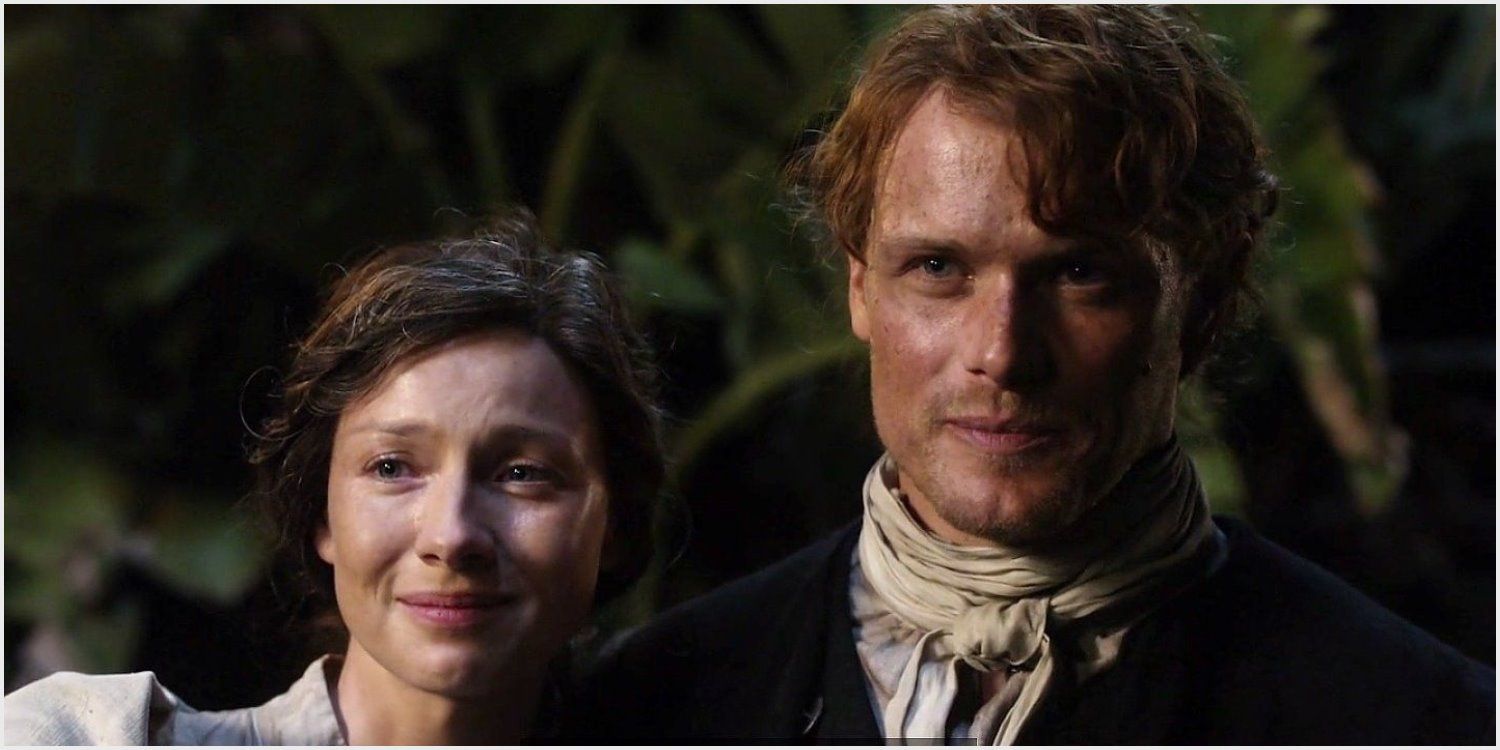 Sam Heughan and Caitriona Balfe as Jamie and Claire at Fergus-Marsali's wedding