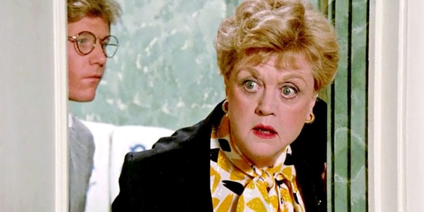 Jessica Fletcher is surprised as she peers through a doorway in Murder, She Wrote