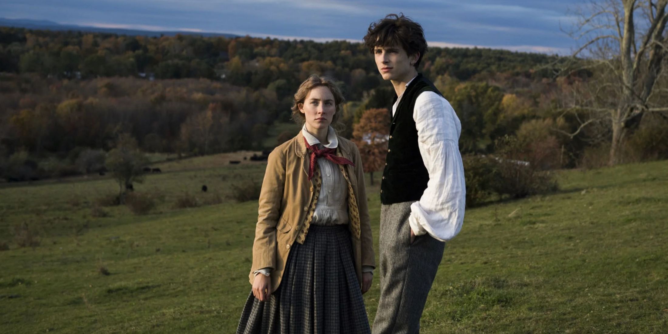 Jo and Laurie stand in a field together in Little Women (2019)