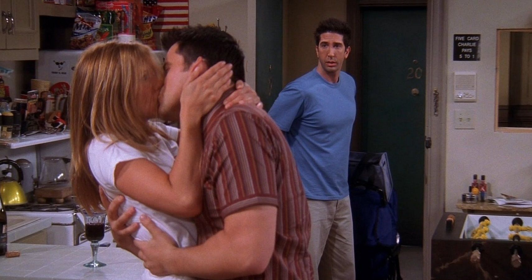 Ross walking in on Rachel and Joey kissing.