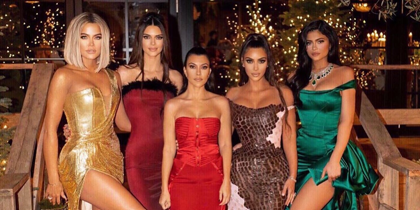 Khloe Kardashian, Kendall Jenner, Kourtney Kardashian, Kim Kardashian, and Kylie Jenner standing in a row in Keeping Up with the Kardashians