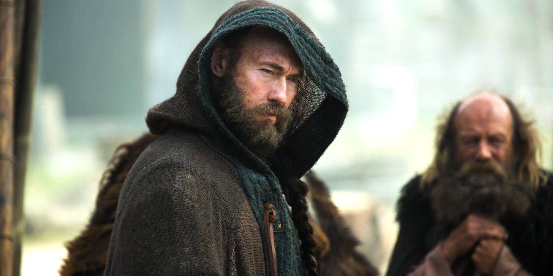 Kevin Durand as Harbard looking intensely while wearing a hood on Vikings season 4