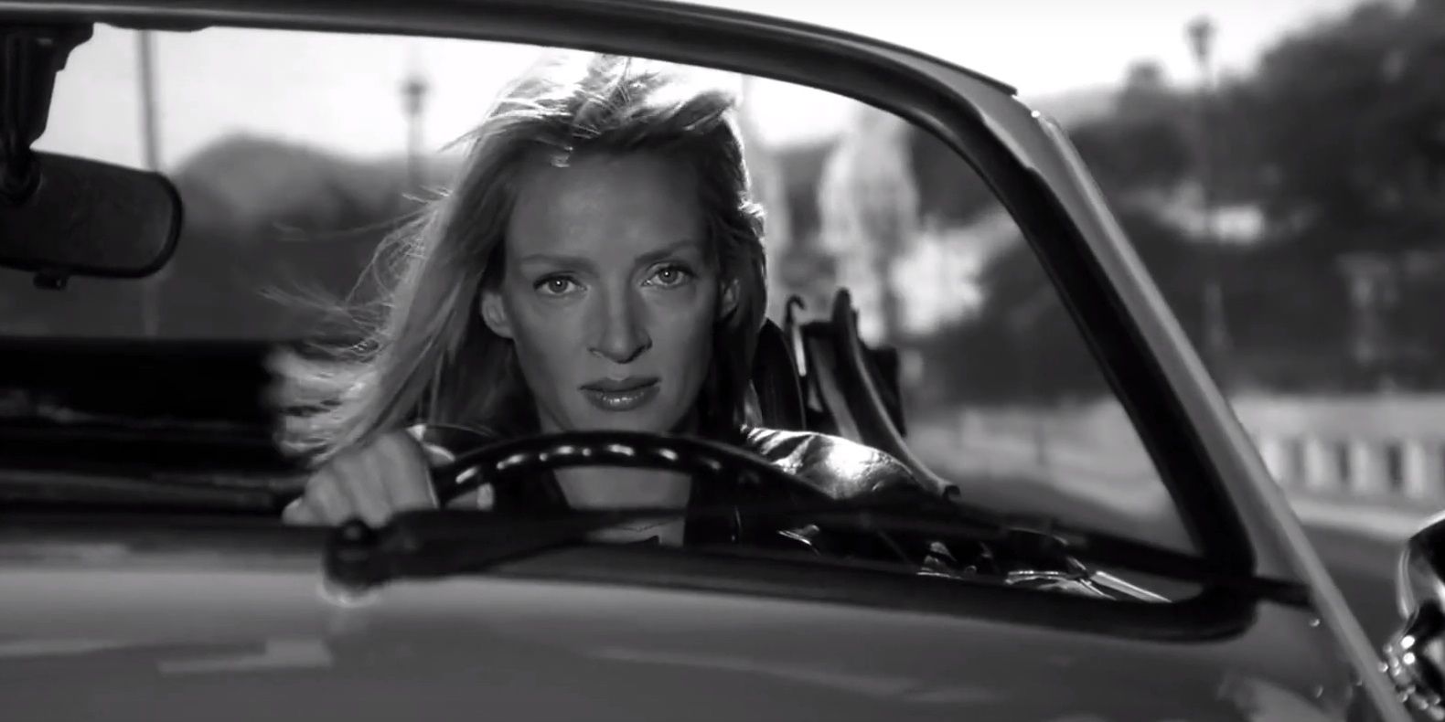 Uma Thurman driving in the opening shot of Kill Bill Volume 2.