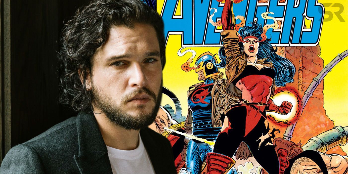 Split image of Kit Harington and the comic book versions of Black Knight and Sersi
