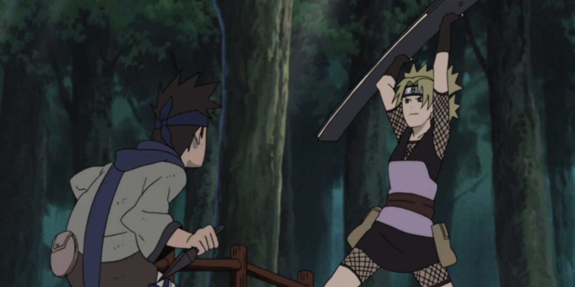 Temari prepares to battle Konohamaru after her challenges her to a fight in Naruto Shippuden
