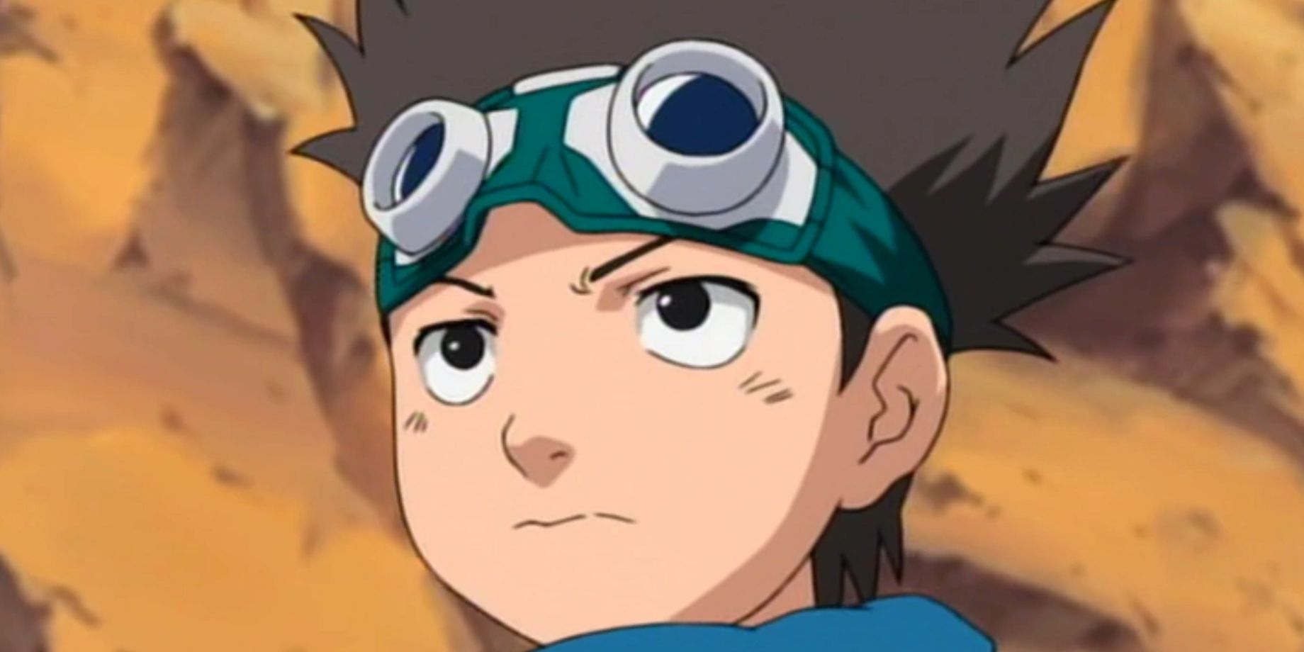 Konohamaru Sarutobi as a child wearing goggles on his head in Naruto