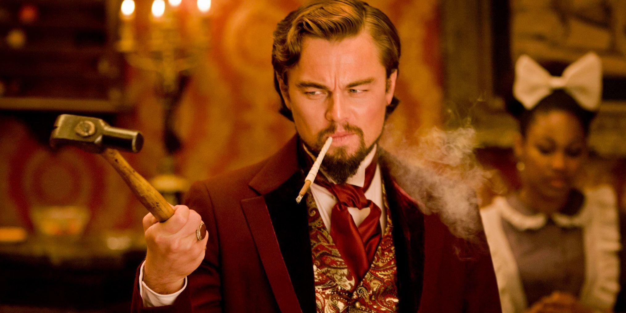 Leonardo DiCaprio holding a hammer in Django Unchained
