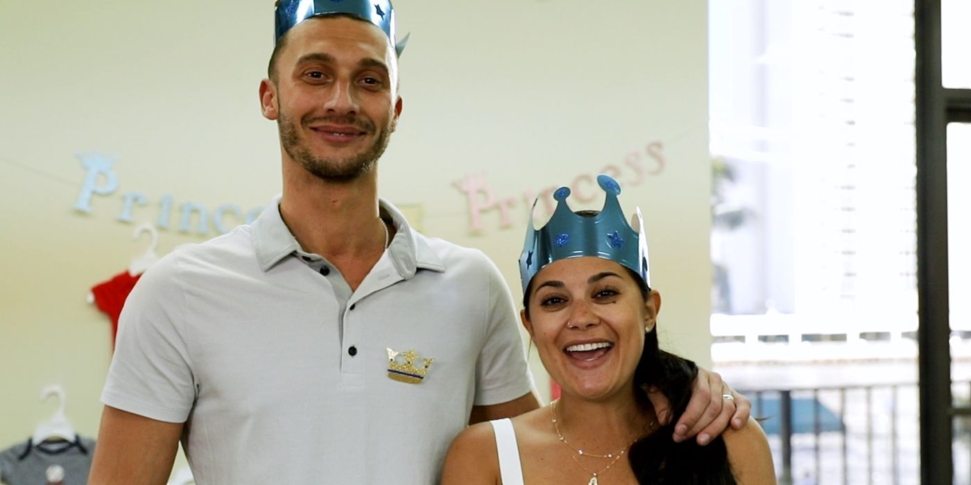 Loren and Alexei Brovarnik 90 Day Fiance wearing party hats and smiling 