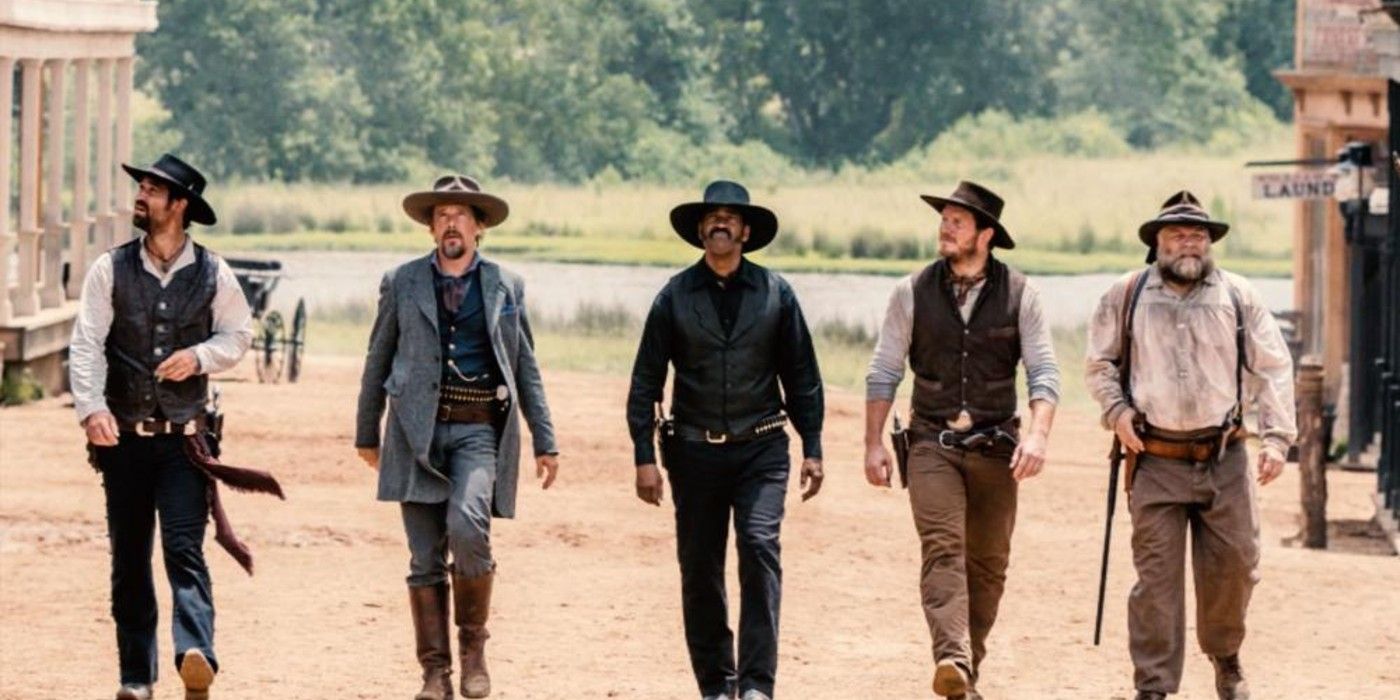 Denzel Washington with the other heroes in The Magnificent Seven
