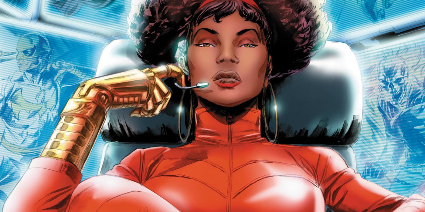 Misty Knight sitting on a chair in Marvel comics.