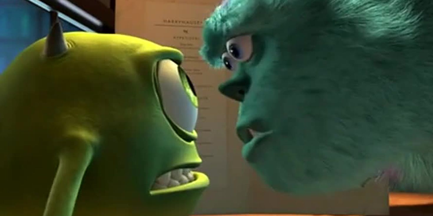Mike and Sulley talk closely in Monsters Inc