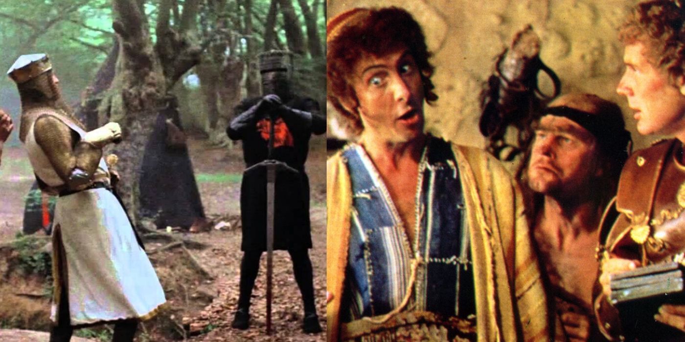 Side by side images of scenes from monty Phton's Holy Grail and life of Brian