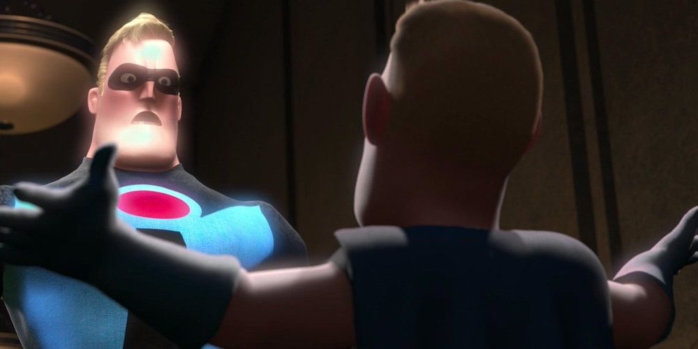 Mr. Incredible meets Buddy after saving a jumper in The Incredibles