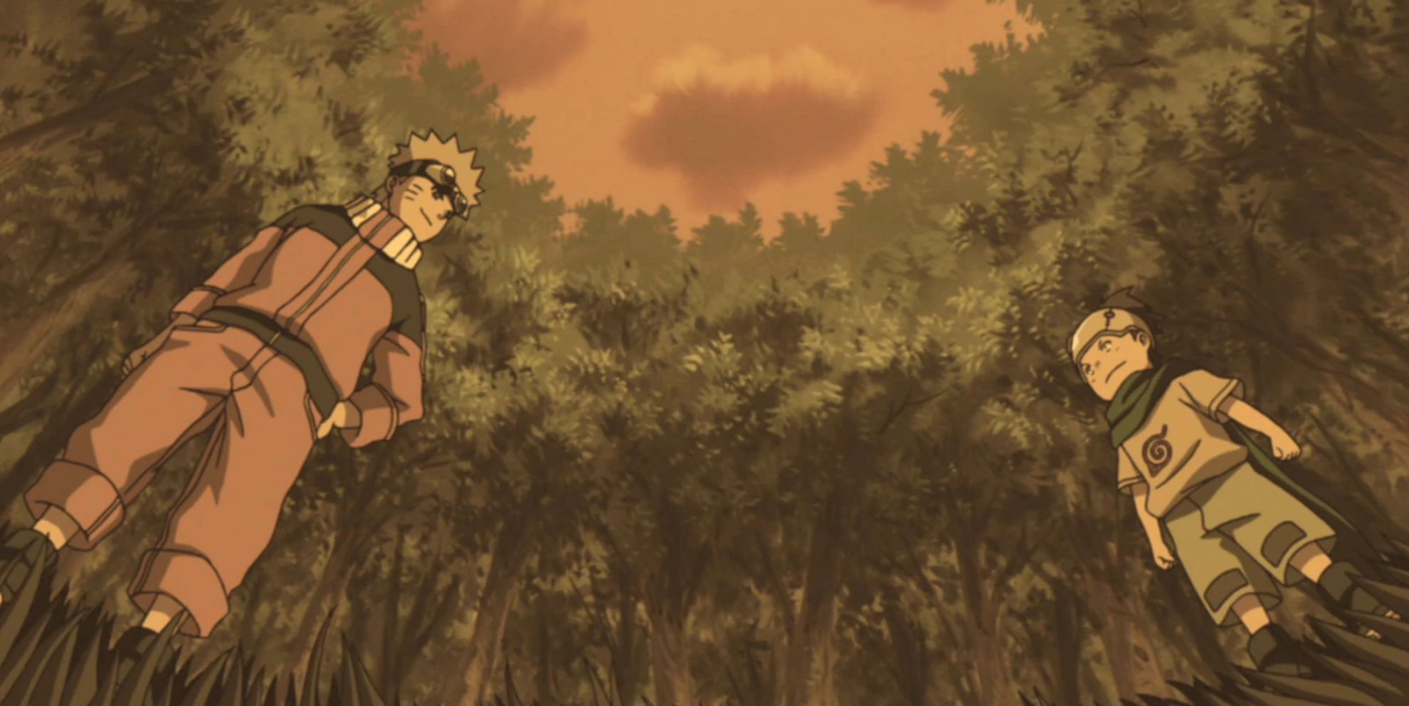 Naruto meets Konohamaru in the woods in the original anime series