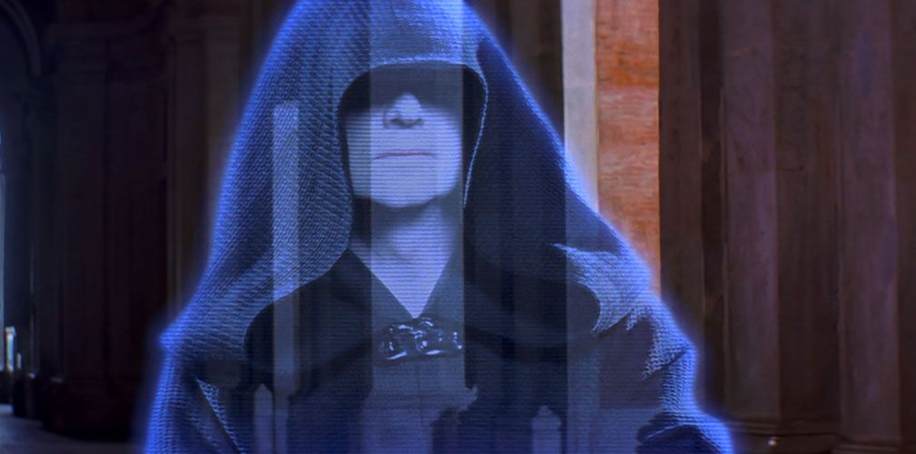 Darth Sidious has a hologram meeting with the Trade Federation leaders on Naboo