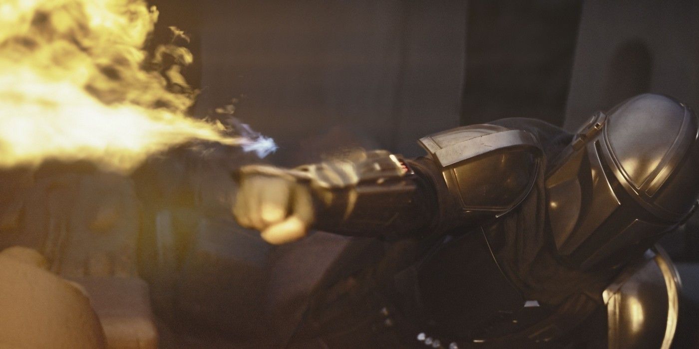 Pedro Pascal as Din Djarin flamethrower in The Mandalorian