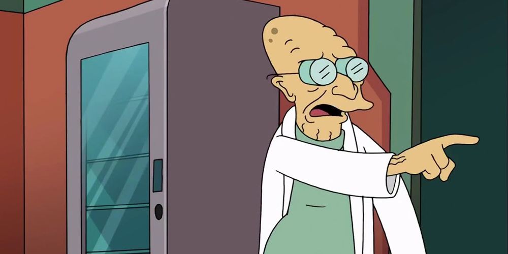Professor Farnsworth angrily points to someone off camera in the Planet Express building