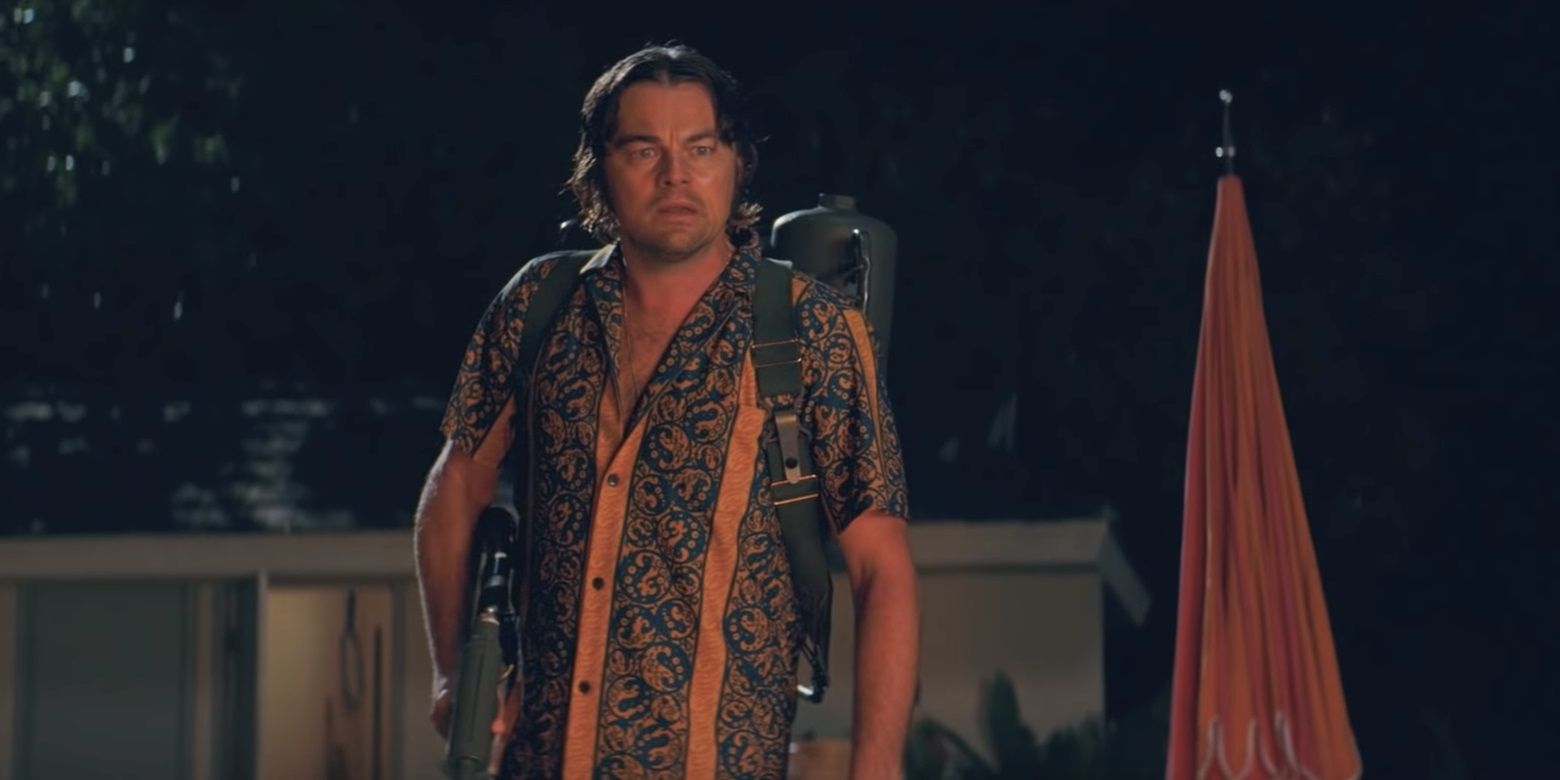 Rick Dalton stands by his pool with a flamethrower in Once Upon a Time in Hollywood