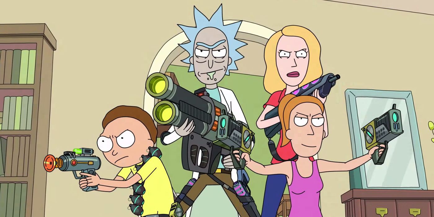 Rick, Morty, and the Smith family holding guns