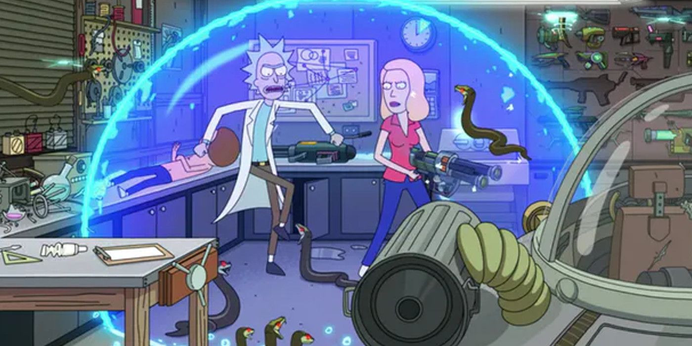 Rick and Morty Rick and Beth FIght Alien Snake Robits