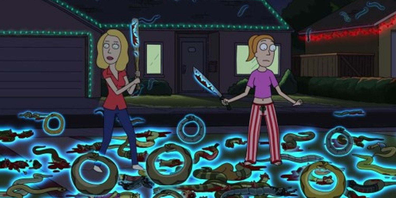 Rick and Morty Summer and Beth fight snake alien robots