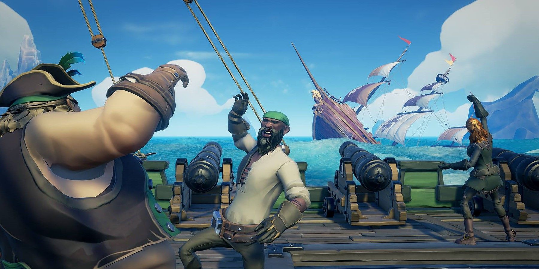 An image of players interacting as a ship crashes in Sea of Thieves