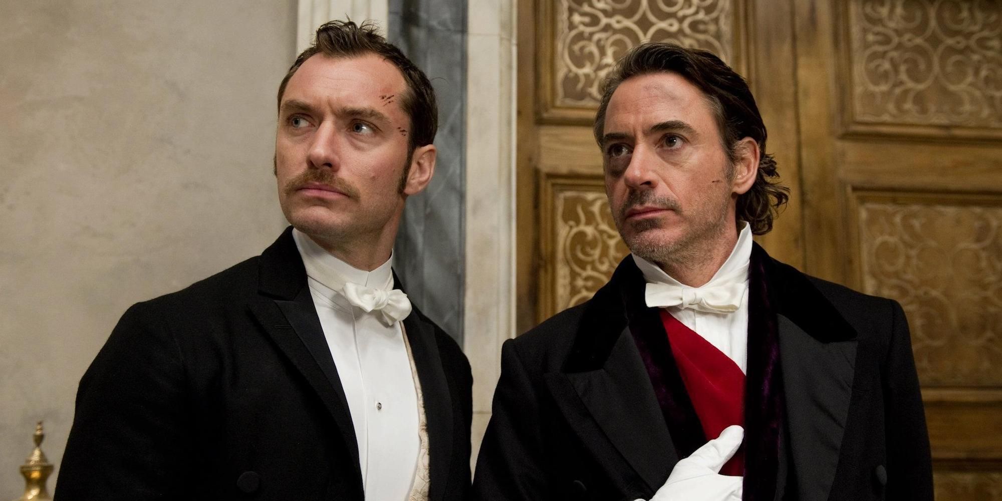 Holmes and Watson dressed in tuxedos in A Game Of Shadows